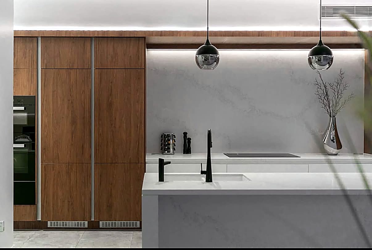 Modern kitchen renovation with timber cabinetry and stone island